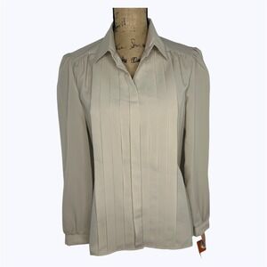 Vtg Nikki Secretary Blouse Taupe Pleated Front Puff Shoulder 80s USA Sz 11/12